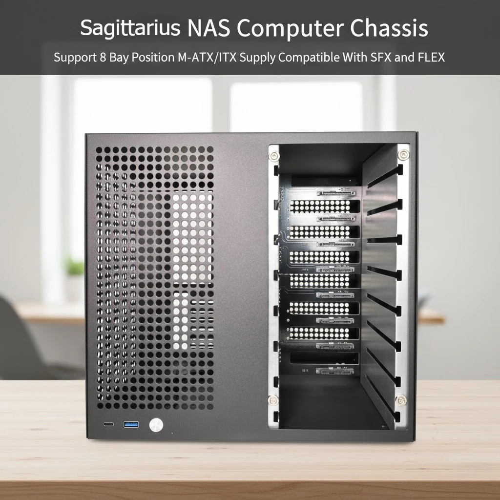 

Sagittarius NAS Computer Chassis Support 8 Bay Position M-ATX/ITX, Supply Compatible with SFX and FLEX