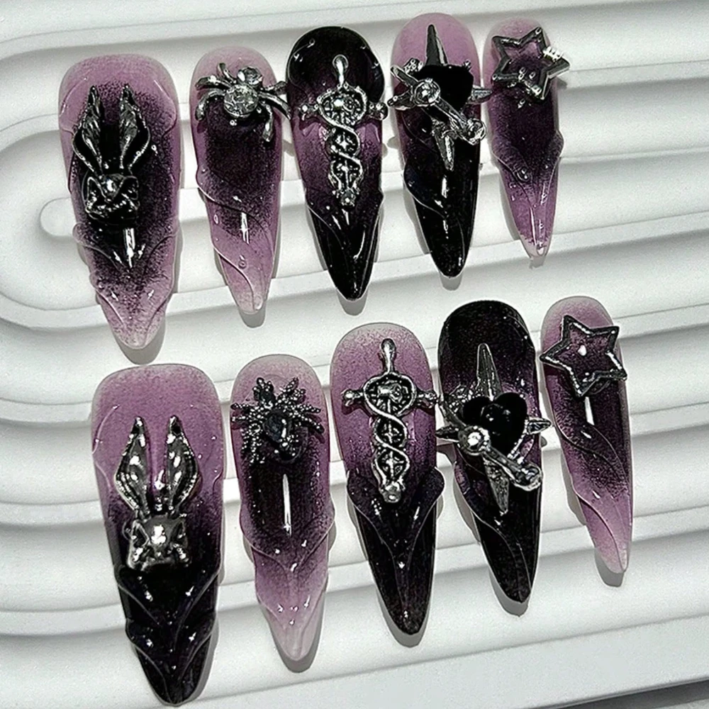 10 Stück Y2k Halloween Punk Dark Handmade Press On Nails Spicy Girl Sweet Cool Bunny Spider Star Fake Nails Abnehmbare Maniküre
