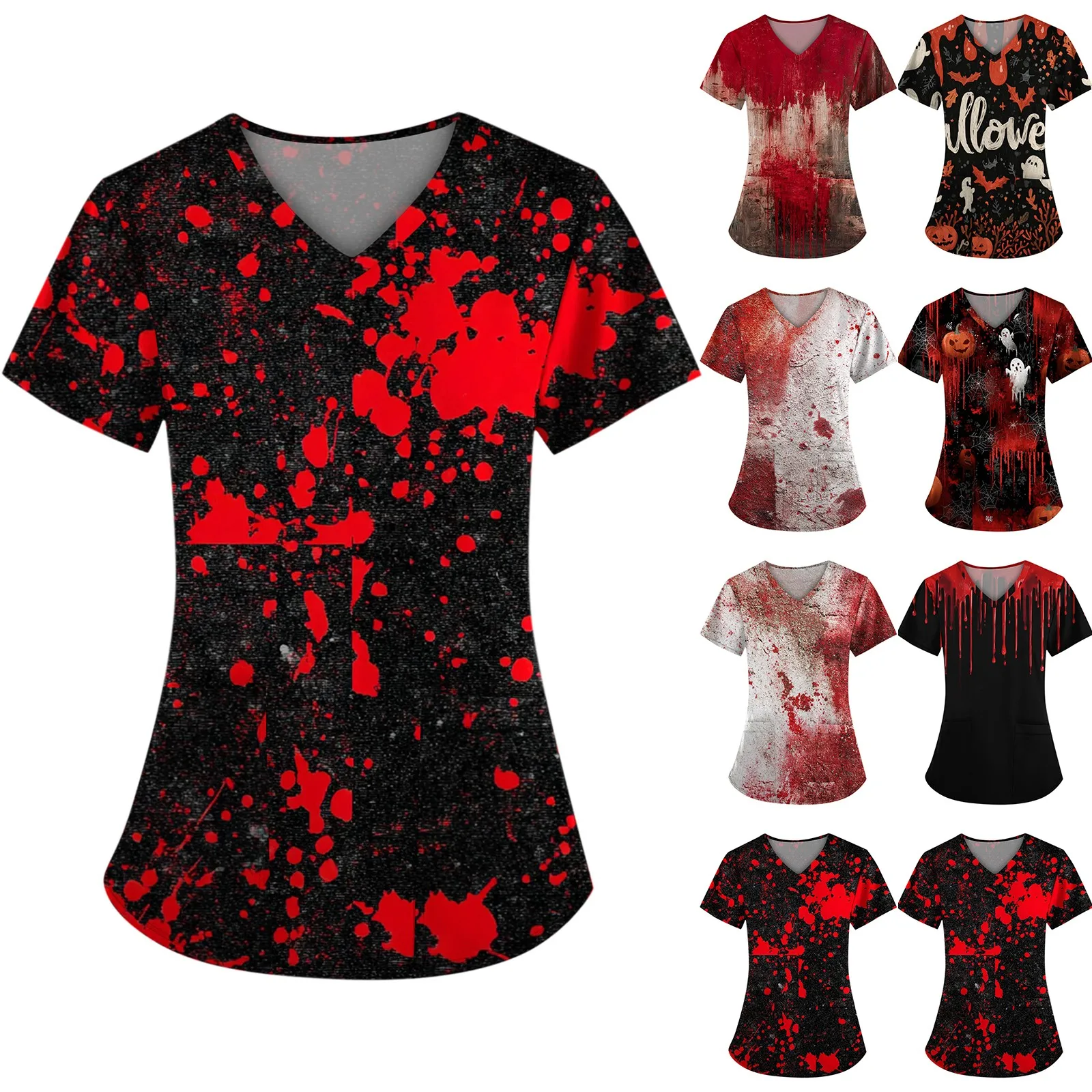 

Halloween Print Scrub Working Uniform Tops For Women'S V-Neck Short Sleeve Nurse Costume T-Shirts Workwear Tee With Pocket