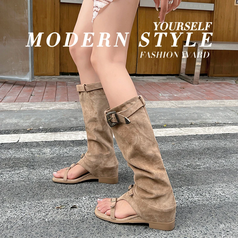 Women's Suede Open-Toe Knee-High Boots with Gold Buckles Flat Sandal Booties for Y2K Edgy Street & Grunge Fashion Style