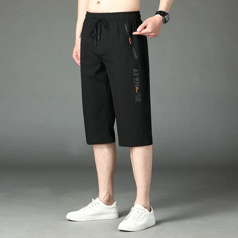 Trend Casual Elastic Drawstring Capri Pants Male Clothes Summer Korean Zipper Patchwork Fashion Men High Waist Ice Silk Pants
