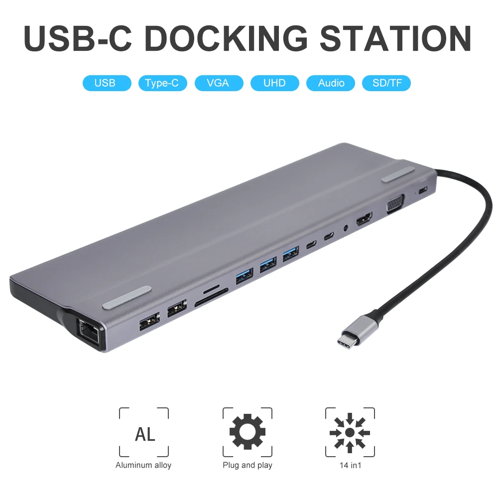 

14-In-1 Type C Hub USB C to HDMI-compatible VGA Lan USB 3.0 Ports SD/TF Card Reader USB-C Power Delivery for MacBook Pro