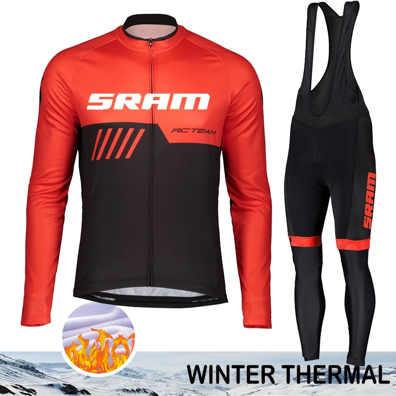 Cycle Jersey Cycling Winter Thermal SRAM Men's Fleece Mountain Bikes Bib Suit Clothing Outfit Triathlon Man Retro Road Bike 2024