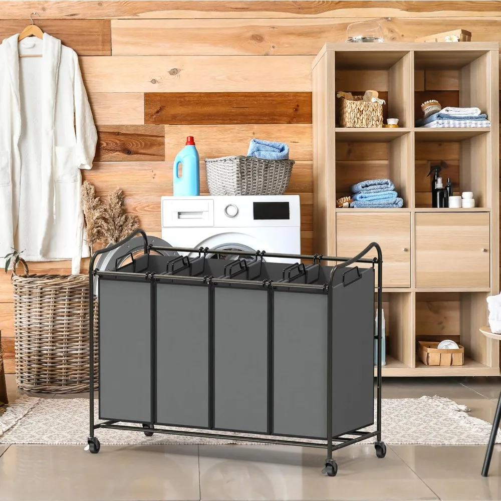 

4-Bag Heavy Duty Laundry Sorter Rolling Cart with Brakes, Dark Grey for Home Organization