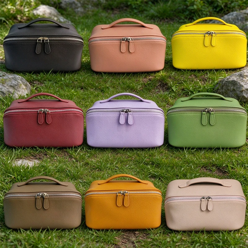 Lychee Patterned Genuine Leather Makeup Bag women's Casual Large Capacity Cowhide Cosmetic Bag Multifunctional Fashion Handbag