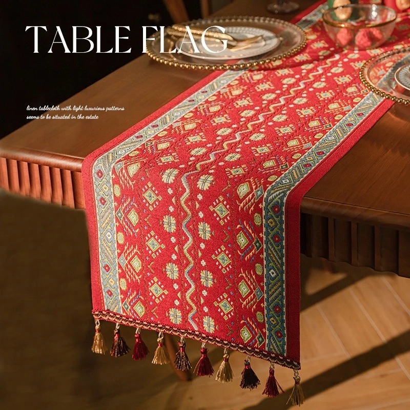 Christmas Red Table Flag Retro Jacquard Bed Tail Towel Fabric Decorative Table Mat Customization woven shoe cabinet cover cloth