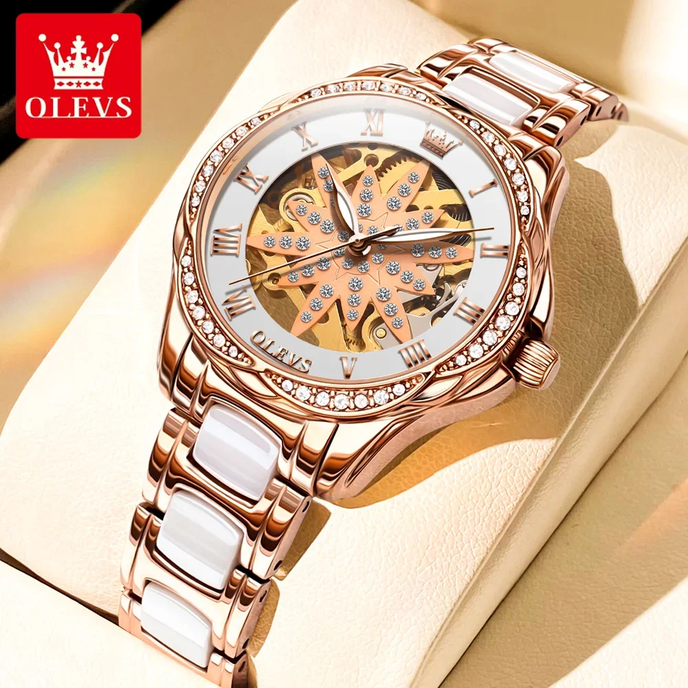 OLEVS Automatic Mechanical Watch for Women Skeleton Diamond Dial Ceramic Strap Waterproof Elegant Women's Wristwatch Reloj Mujer