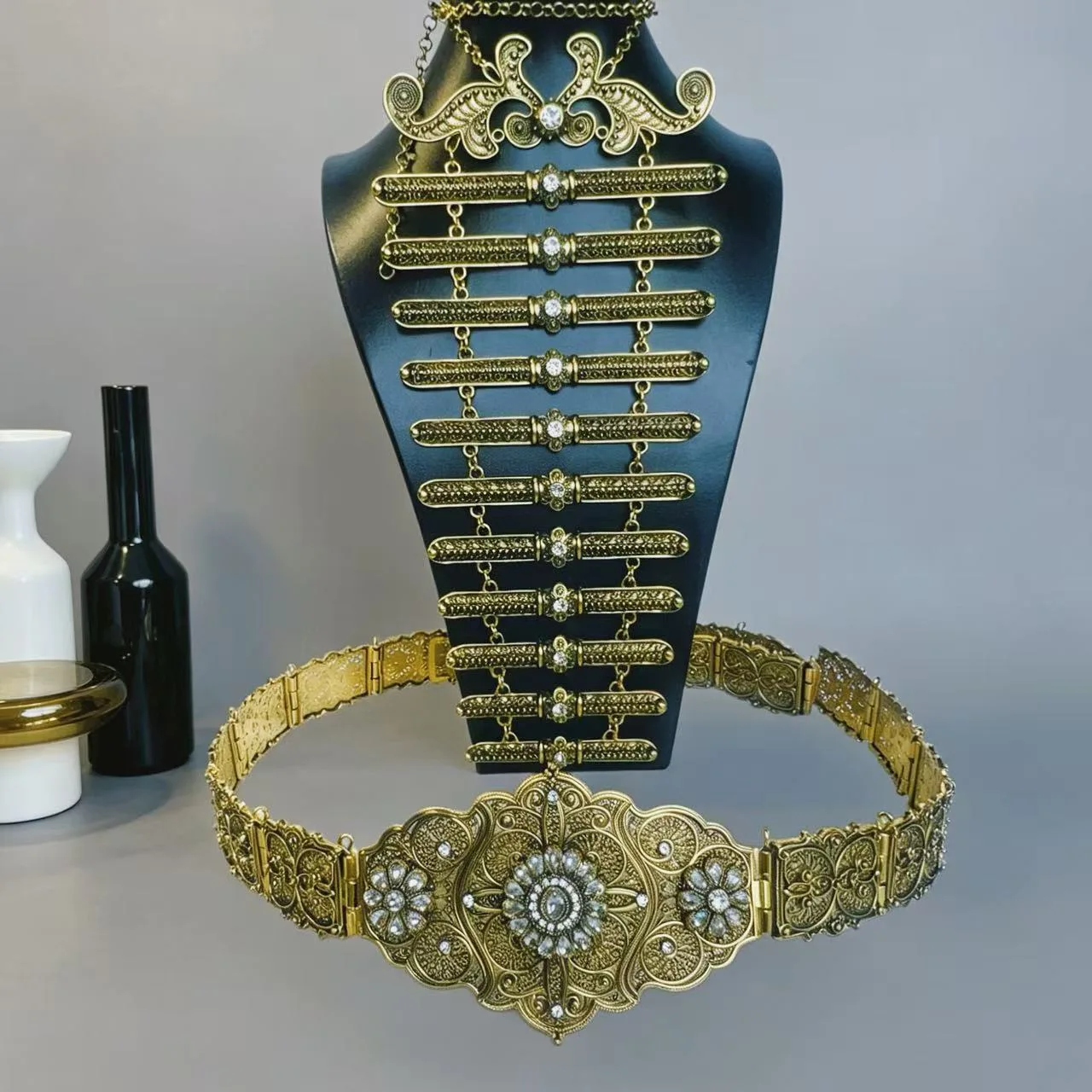 Vintage Ingush Caucasian Women Belt Breastplate Jewelry Set Traditional Central Asian Wedding Bride Necklace Metal Belt