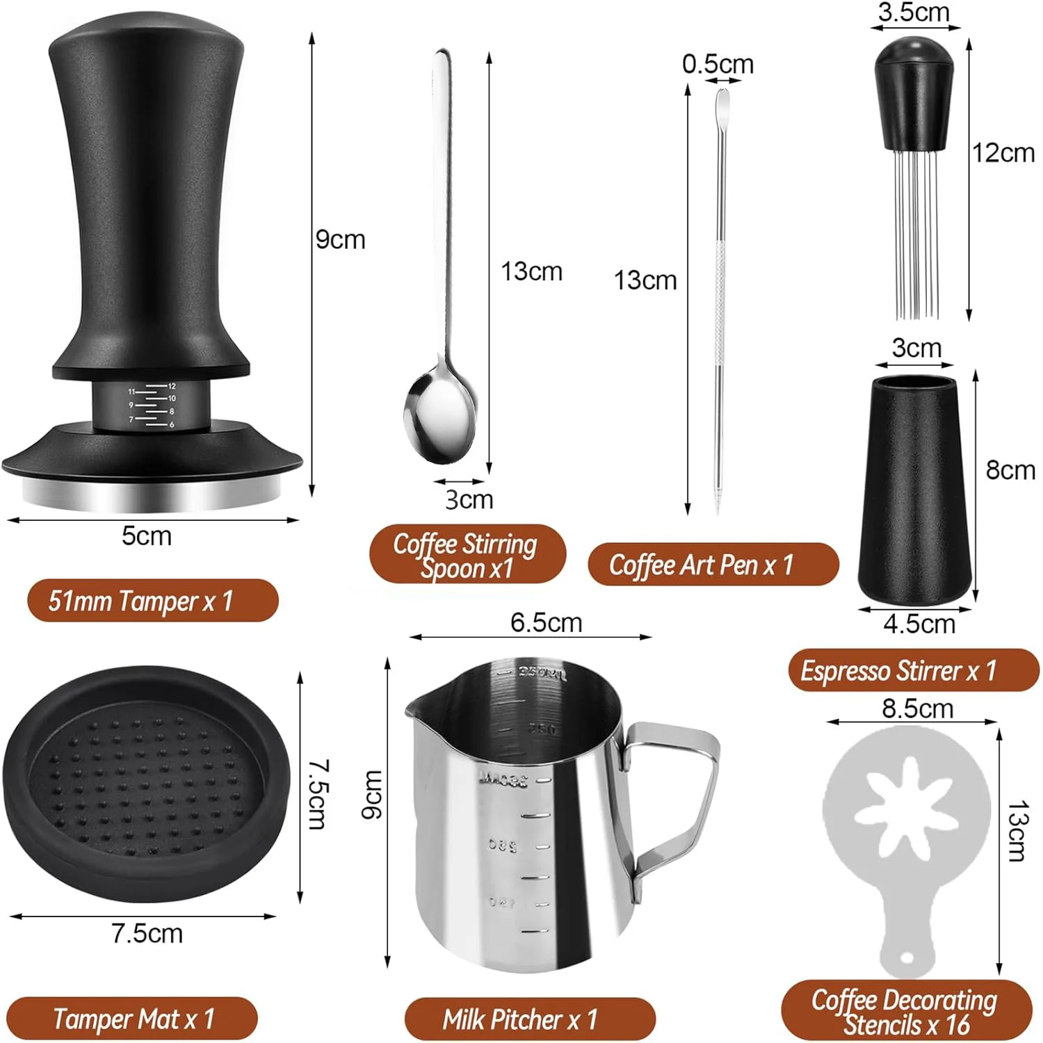 51mm Coffee Tamper 7 Types Set Black Color Espresso Kit Barista Tools Espresso Machine Accessories for Cafe Shop