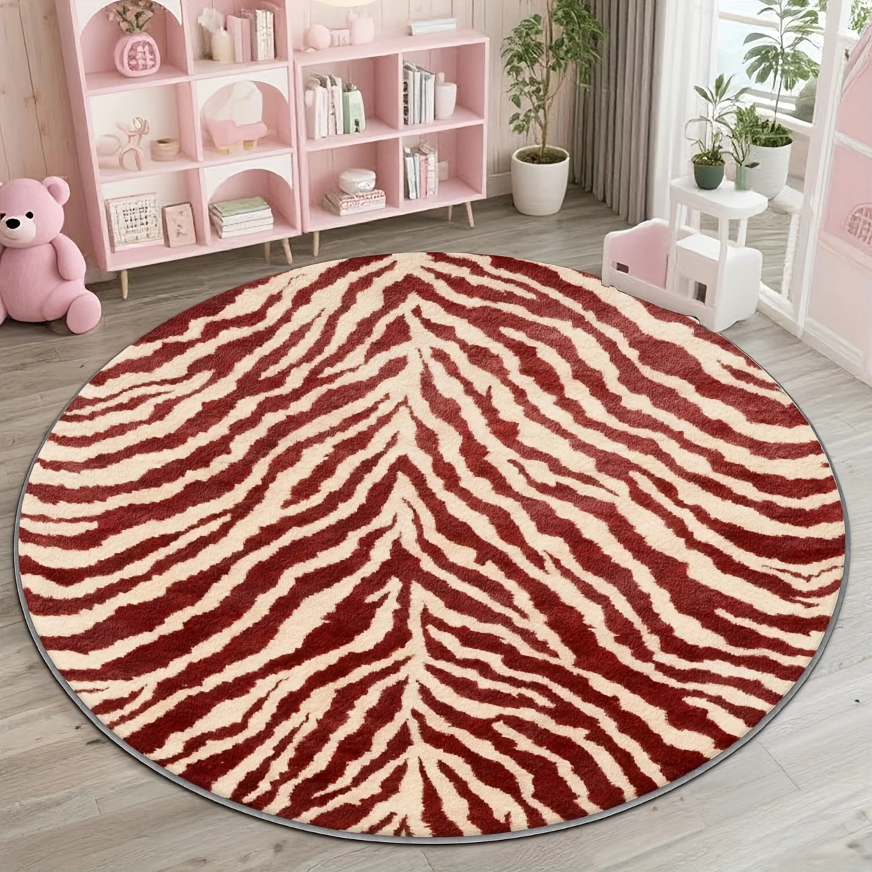 Classic Red White Zebra Animal Striped Motif Round Commercial Floor Rug Welcome Decor For Modern Living Room