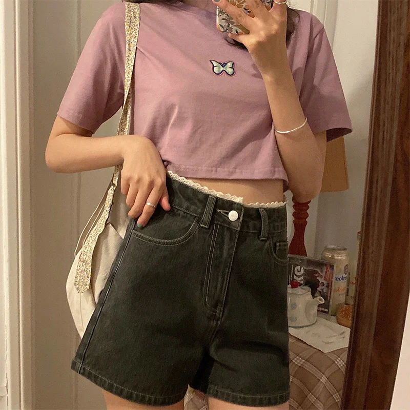 Summer Oversized Elastic High Waist Loose Casual Wide Leg Denim Shorts Female A-line Vintage Fashion All-match Short Jeans Women