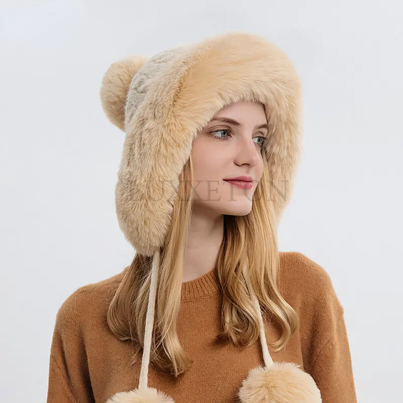 Winter Warm Knitting Hat Fur Women\'s Hat with Earmuffs Double Ball Outdoor Thickened Plush Fluffy World Hat New Product