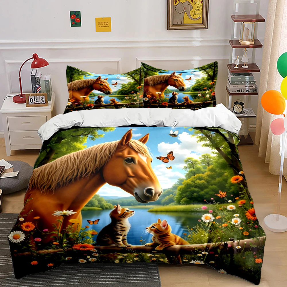 Horse and kittens in forest Print Soft Comfortable Duvet Cover Bedding Set Included 1*Duvet Cover  2*Pillowcases Luxury gifts