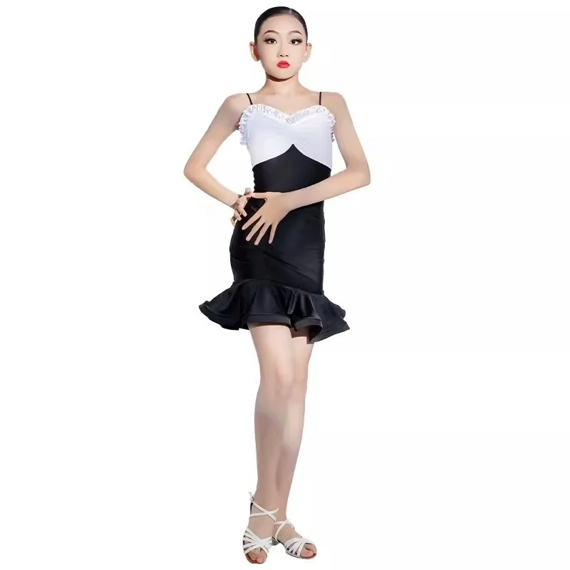 

Latin Dance Dress For Girls Senior Sense Black And White Separate Set Practice Latin Dance Dress For Children