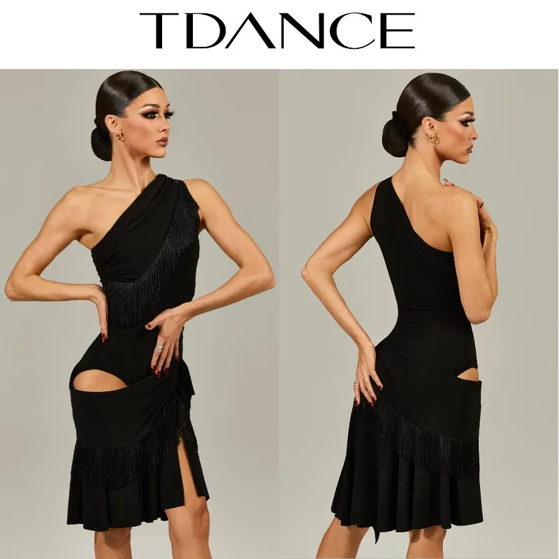 

Индивидуальный латинский танцевальный костюм TDANCE (национальный стандарт) [комбинезон с одним плечом и бахромой] для взрослых женщин с подушечками для груди, для преподавателей, модель GL-237