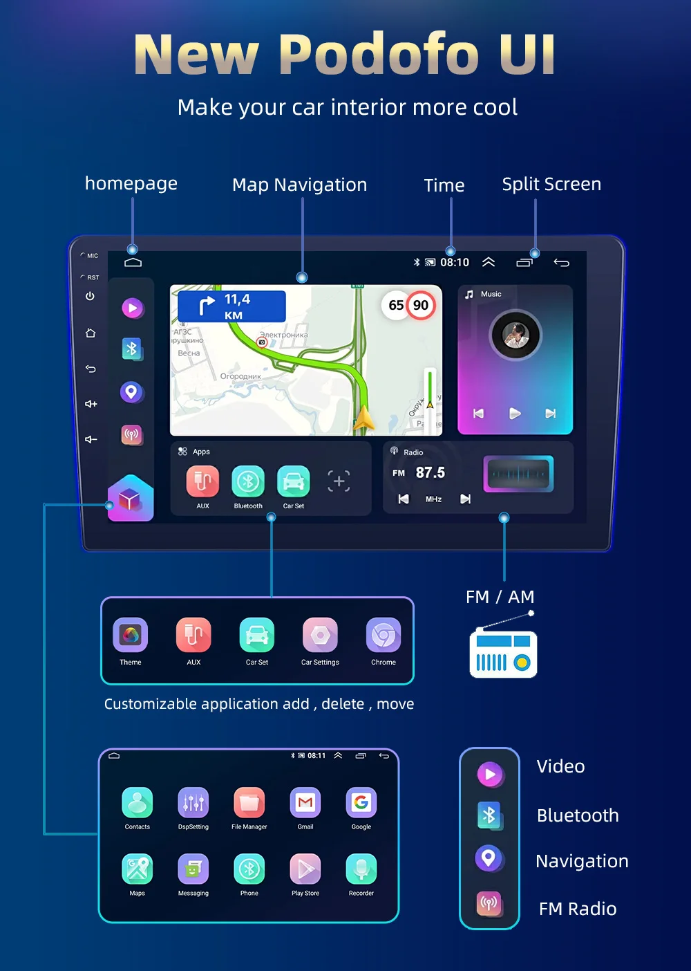 Podofo 2 Din autoradio GPS Android 7 \