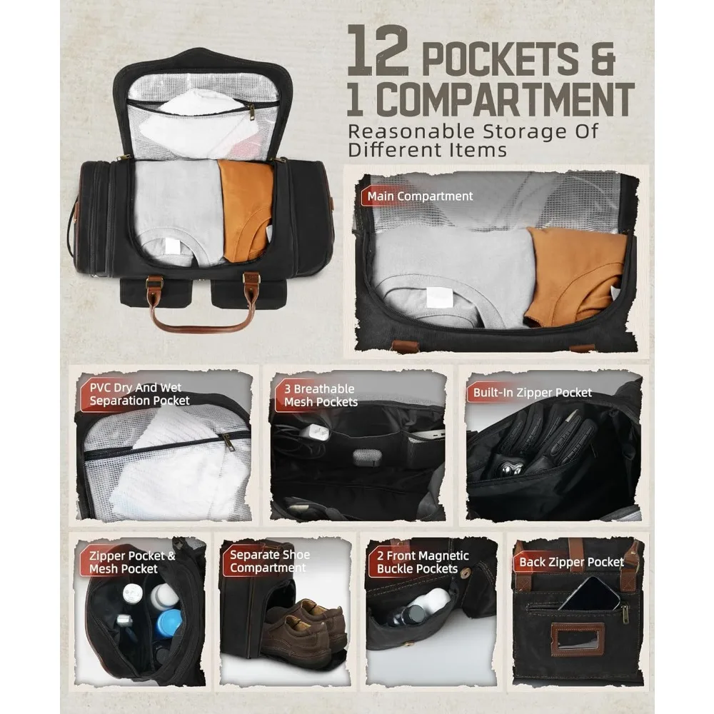 حقيبة واق من المطر قابلة للتوسيع من القماش المشمع العتيق للرجال سعة 45 لترًا، حقيبة سفر مقاومة للماء لعطلة نهاية الأسبوع مع حجرة للأحذية