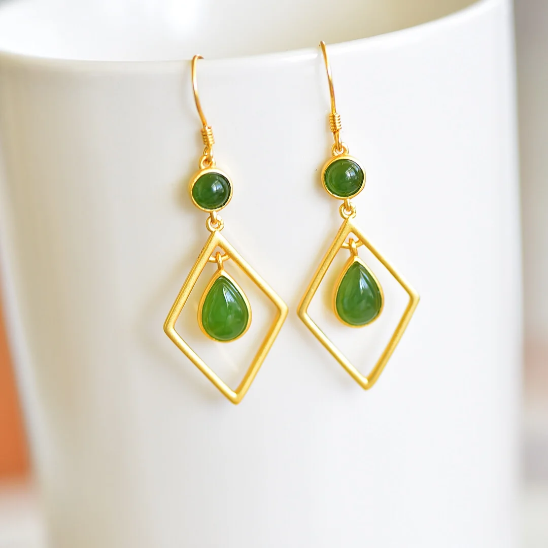 12196-6# Enamel Lady Women Square Water Drop HETIAN Green Jade S925 Pure Silver Natural Nephrite Cheongsam Party Earrings