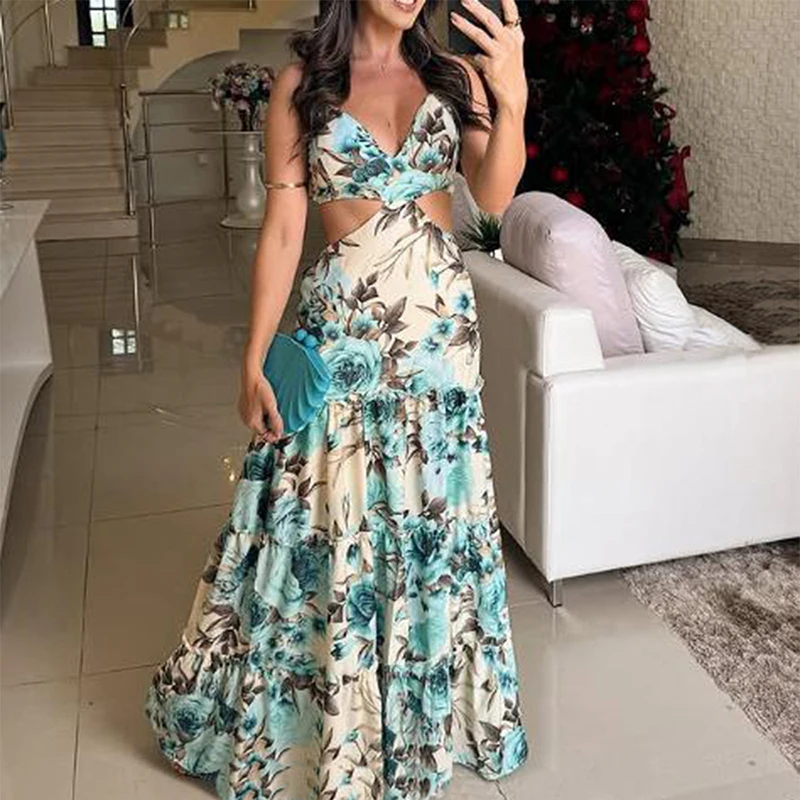 Nuevo vestido largo de playa con espalda descubierta 2025, vestido bohe con estampado Floral y cuello en V a la moda para mujer, vestido de fiesta elegante sin mangas con agujeros y cintura alta