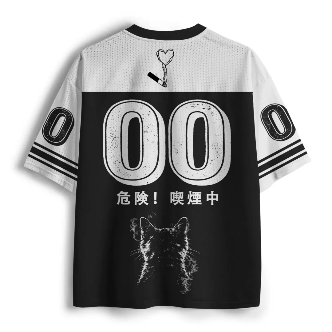 Retro Smoking Cat Meme Double Sided Jersey T‑Shirt Men Women Japanese Kanji Graphic Punk Vintage Loose Sport Streetwear Tops