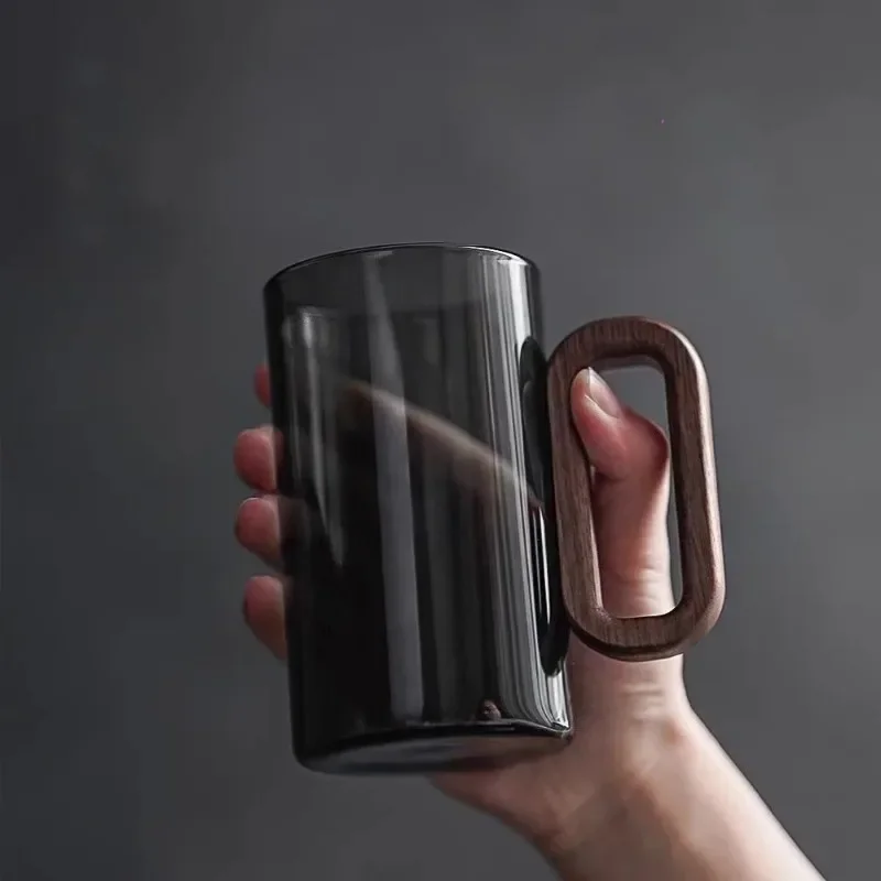 Creative smoke gray wood handle glass mug for home, single layer High Borosilicate heat resistant glass mug