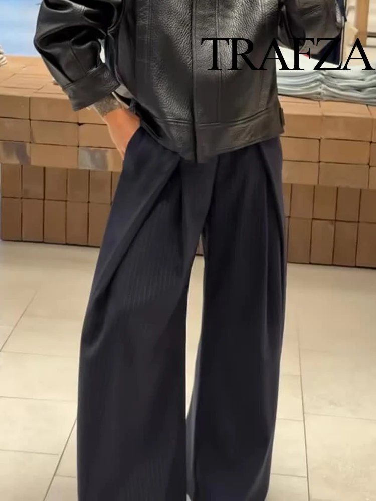 

TRAFZA Women Autumn Fashion Vintage Casual Wide-leg Long Pants Female High Waist Striped Pleated Pocket Design Commuter Trousers