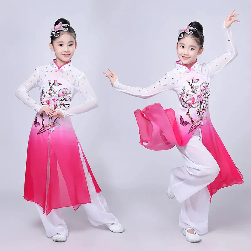 Children\'s classical Chinese style Hanfu dance costumes girls fan dance Yangko clothing chinese costume hmong clothes