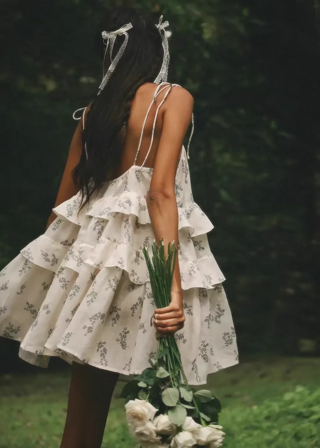 

100% Linen Doll Dress for Women Summer 2025 Flower Print Multi-layer Ruffles Sleeveless Holiday Female Sling Mini Robe