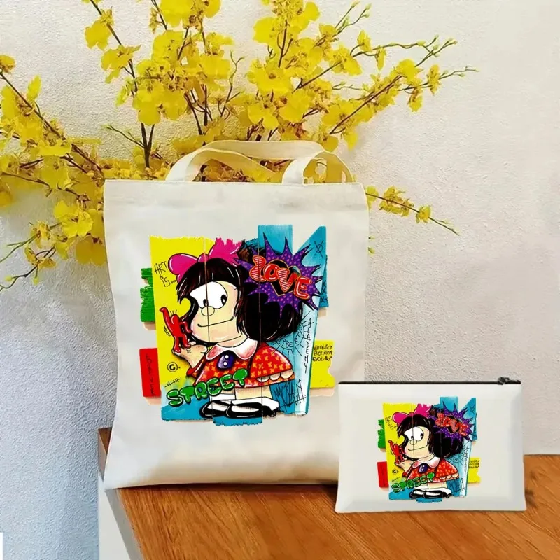 2 pezzi Toda Mafalda Tote Cosmetic Bag Set borsa a tracolla in tela moda donna Eco borsa per la spesa di grande capacità regalo