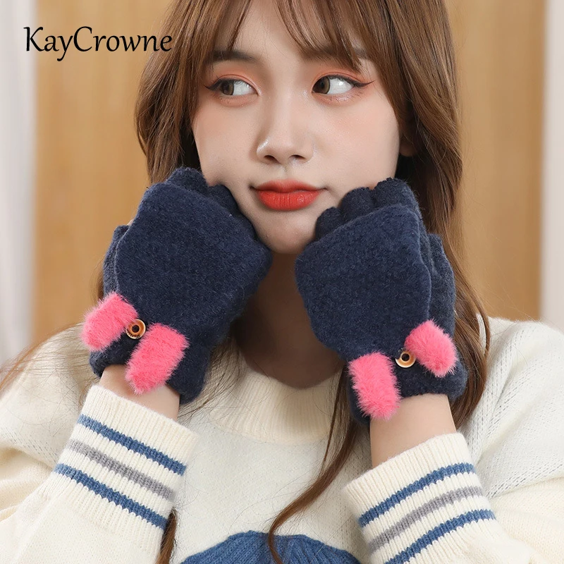 KayCrowne Gloves Women Winter Knitted Flip Fingerless Thick Faux Fur Cute Hand Warm Exposed Finger Female Young Students G066