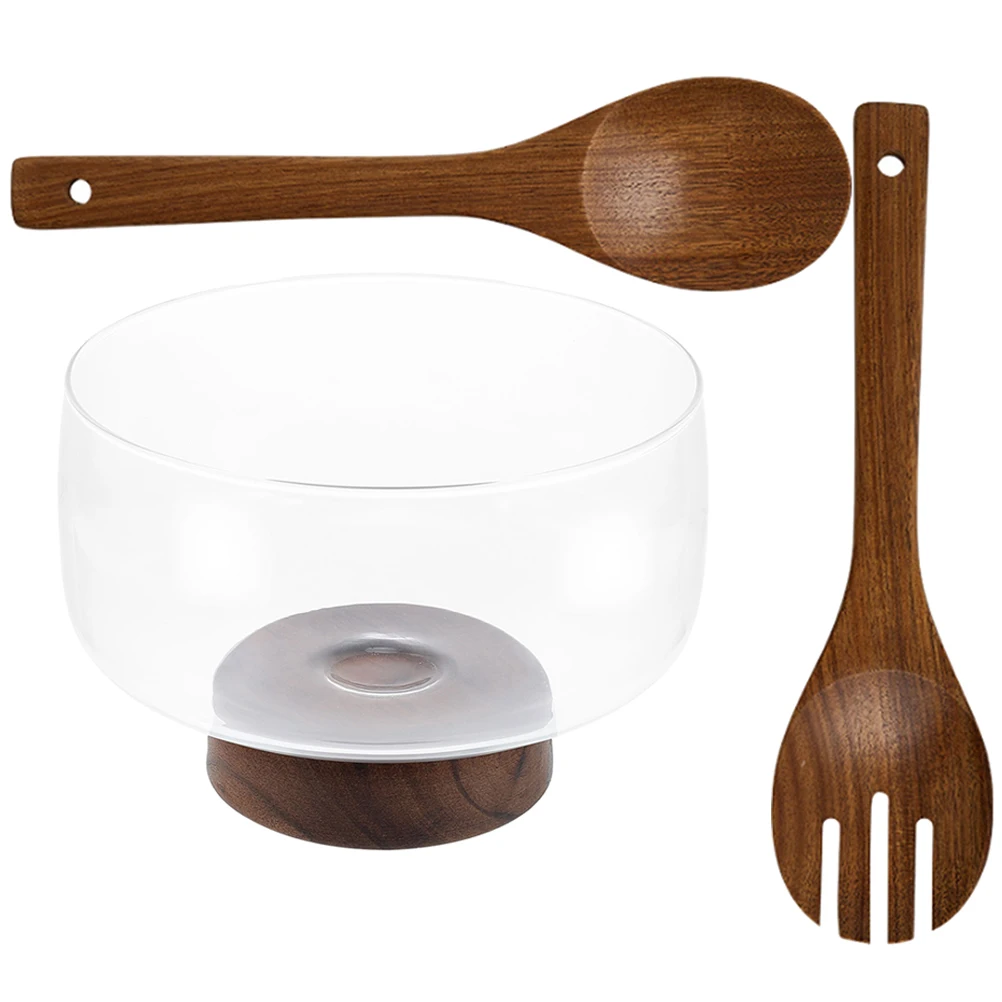 مجموعة واحدة من وعاء الفاكهة الزجاجي مع قاعدة خشبية وعاء تقديم السلطة الشفاف الكبير لتخزين الحلوى والخضروات أداة المطبخ متعددة الأغراض #2