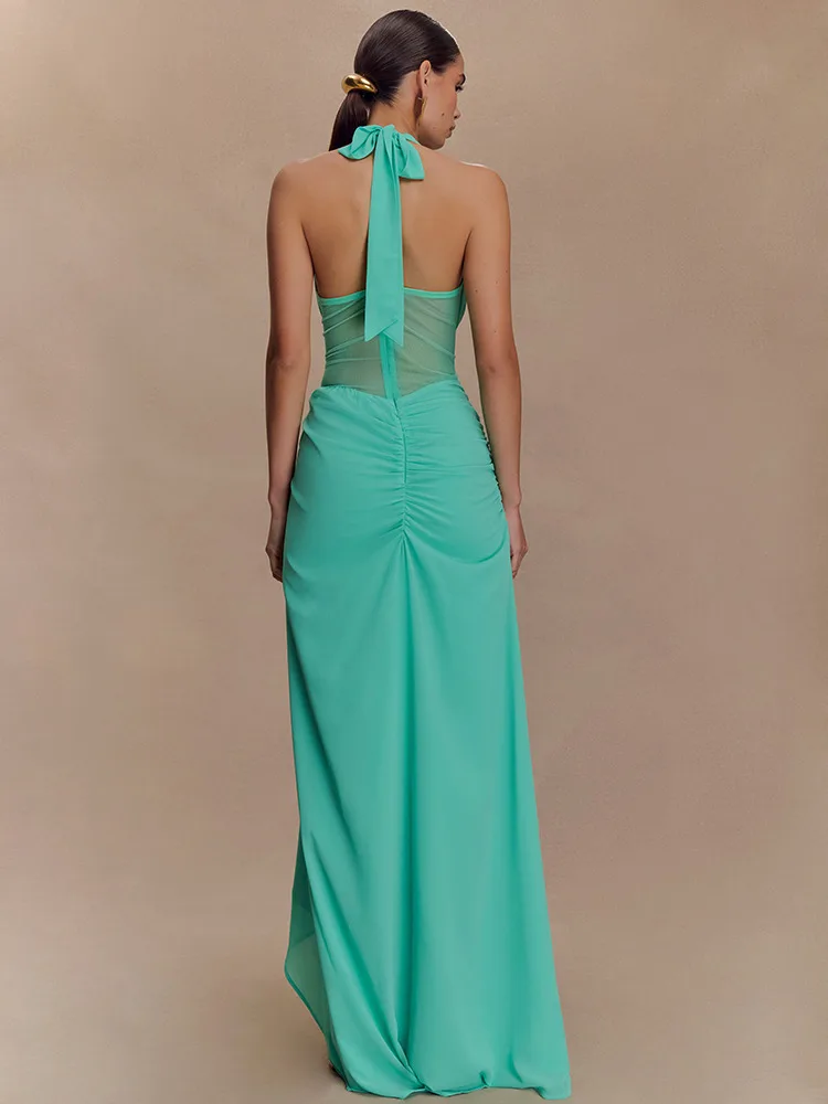 Durchsichtiges Chiffon-Maxikleid für Damen, Neckholder, tiefer V-Ausschnitt, Krawatte, sexy, rückenfrei, schmal, asymmetrisch, schmale A-Linien-Kleider, Partykleidung