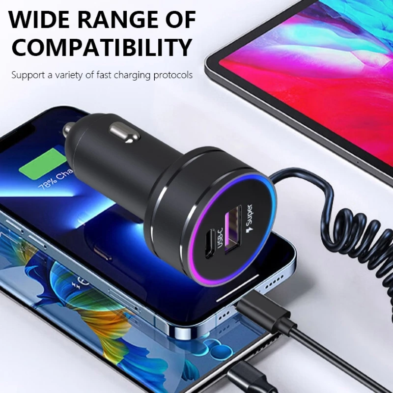 Car Charging Solution Car Super Fast Charging Adapter with Colorful LED Light