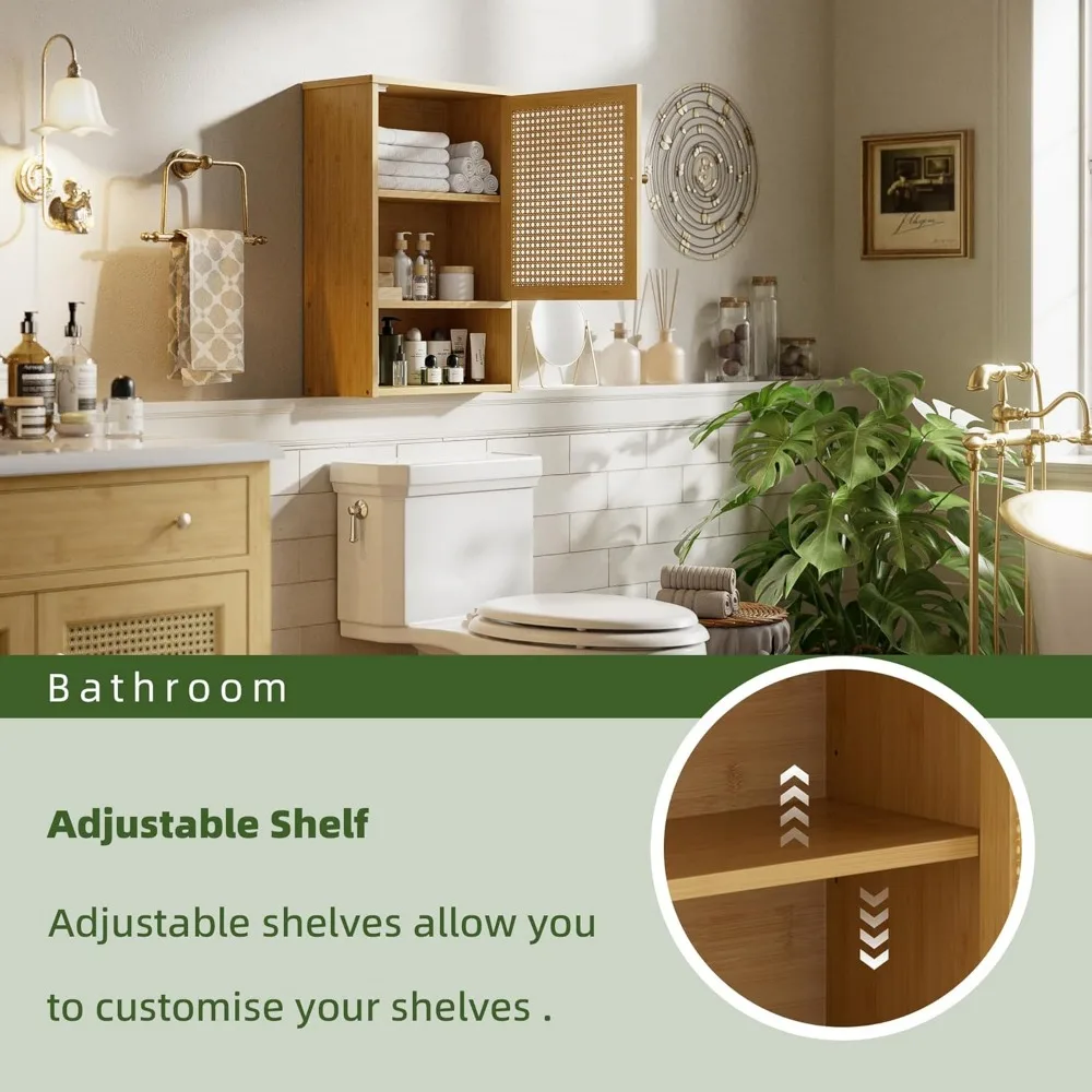 خزانة تخزين من الخيزران فوق المرحاض مع أبواب من الروطان ورف قابل للتعديل، ومنظم خزانة أدوية موفر للمساحة #5