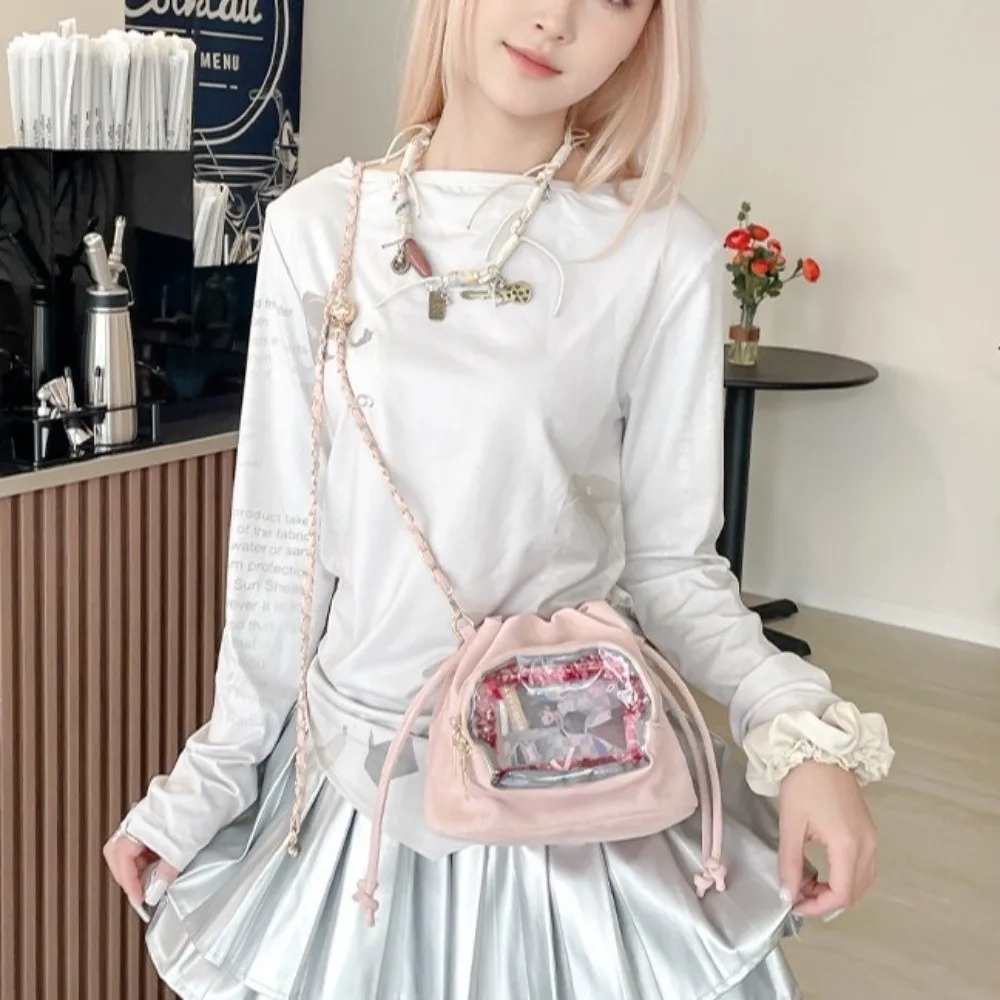 

Handbag Transparent Pocket Itabag Shoulder Bag Purse Drawstring Bucket Bag Korean Style Adjustable Shoulder Strap Crossbody Bag