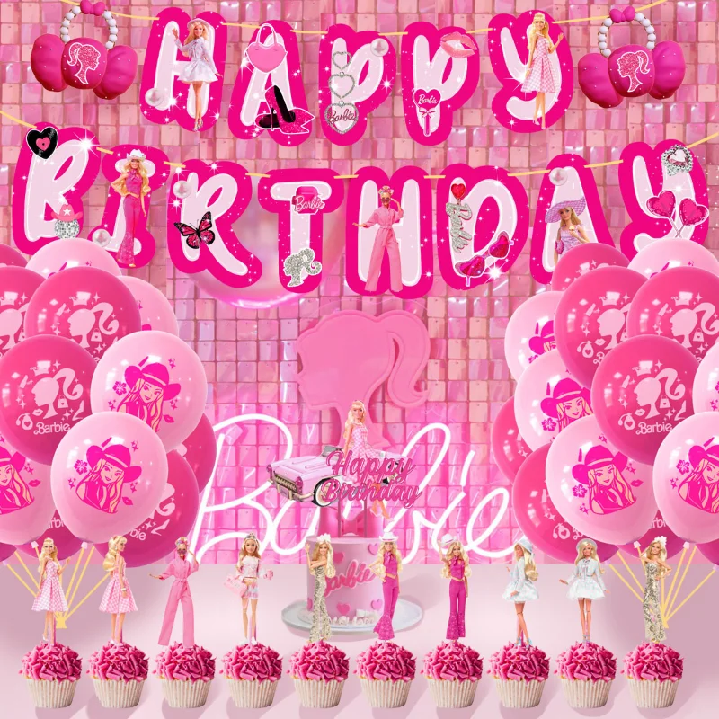 Barbie Theme Girls Birthday Banner Pull Flag DIY Cake Topper Decoration Cartoon Kids Party Cake Ornaments Hanging Supplies Gifts