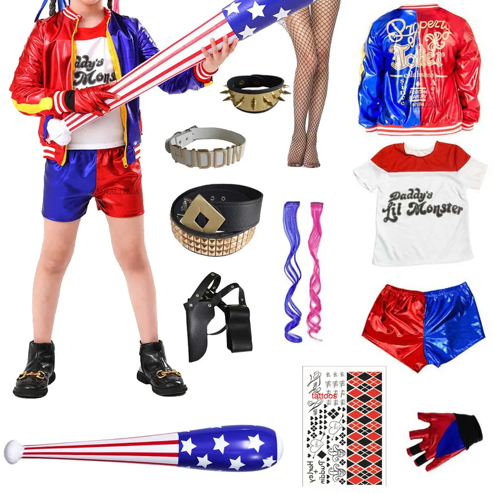 Girls Quinn Costume With Harley Jacket Tshirt Shorts Kids Squad Carnival Costume Kit Birthday Cosplay Halloween Costume