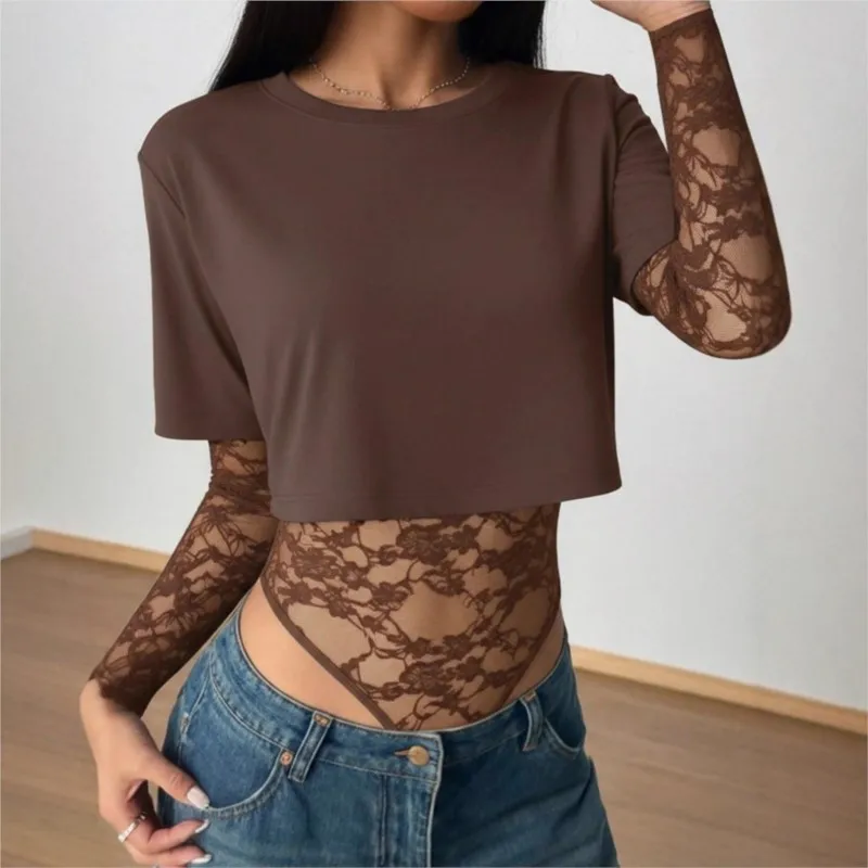 

2026 Lace Patchwork Jumpsuits For Woman Jumpsuit Bodysuits Hot Girl Bodysuit Sexy Long Sleeve Top Women's Clothes Show Out Waist