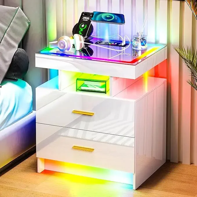 

Auto LED Nightstand w/ Wireless Charging Station & USB Ports,High Gloss Bedside Tables w/2 Drawers,Floating Nightstand,White/BLK