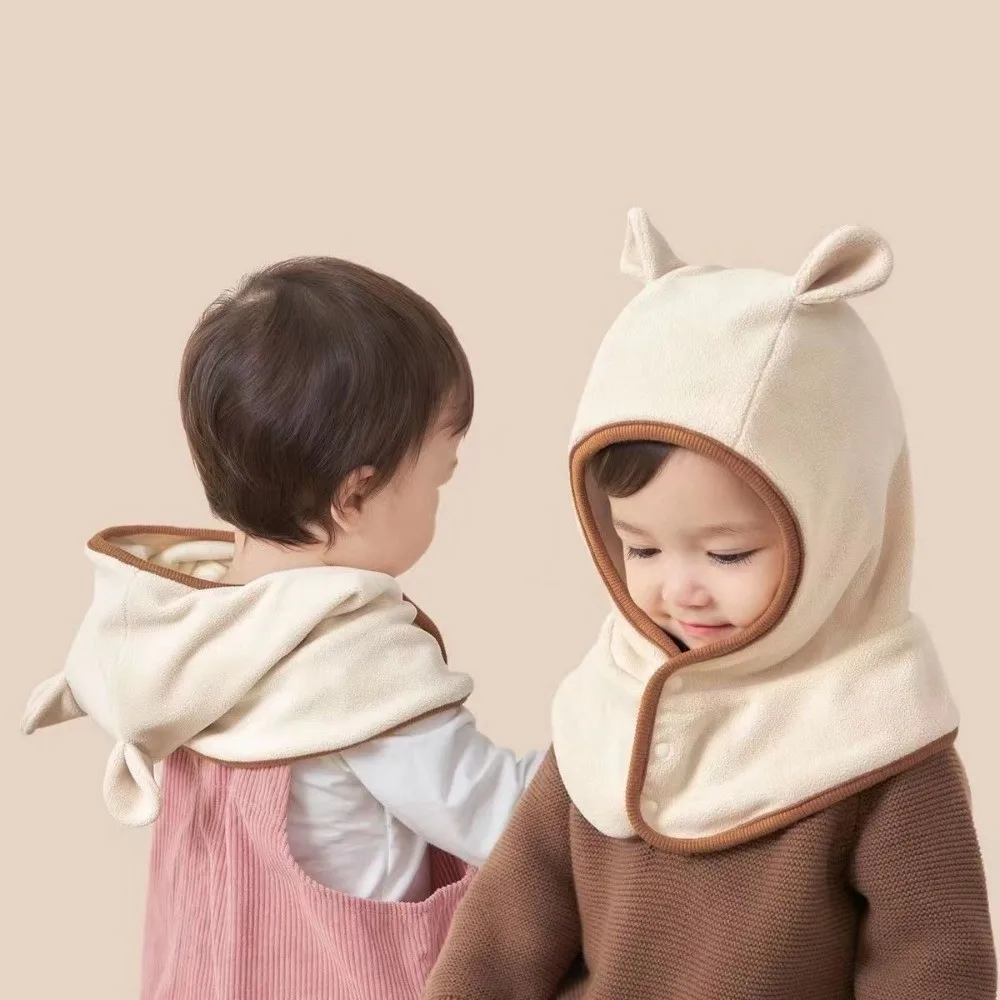 

Cute Ears Hat Scarf Set Integrated Polar Fleece Ear Protection Hat Coldproof Windproof Newborn Beanie Caps Autumn and Winter