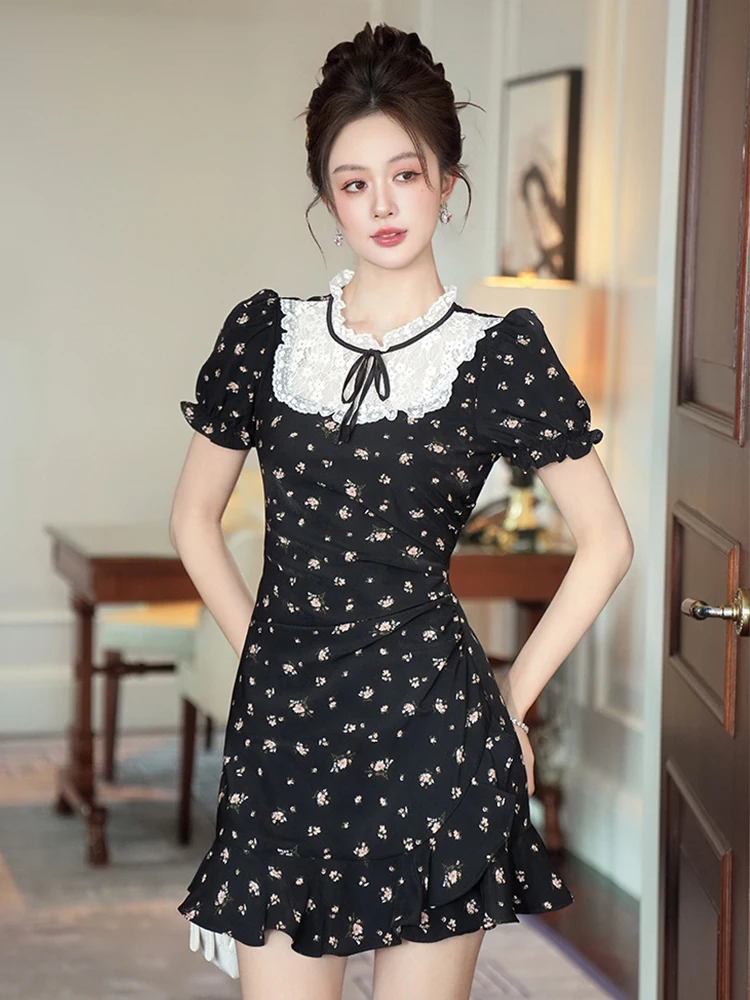 フレンチコーヒーブレイクレースパッチワーク黒花柄ドレスガーリッシュかわいいかわいい弓ショートガウン女性ストリートデート Vestidos 日常着