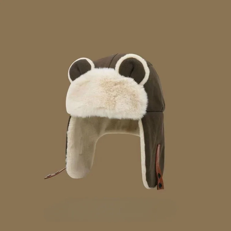 Зимняя защитная шапка с милым медведем, чепчики в японском стиле, утолщенная теплая велосипедная шапка для альпинизма, лыжная шапка для пары