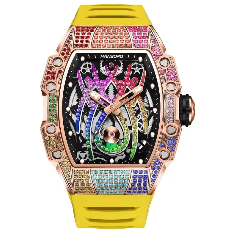 HANBORO Men Automatic Watch 50mm Tonneau Mechanical Wristwatch 50m Waterproof Skeleton Sapphire Spider Crystal Bezel Miyota 82S7