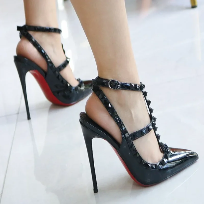 

Roman style black rivet pointed ultra-high heels sandals with red soles, thin heel buckle strap,sexy nightclub custom high heels