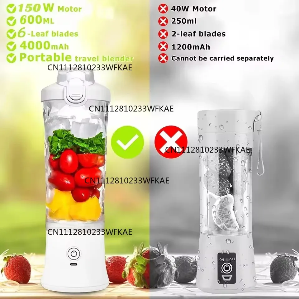 New Portable Blender 600ML Electric Juicer Fruit Mixer 4000mAh USB Rechargeable Smoothie Mini Blender Personal Juicer Colorful