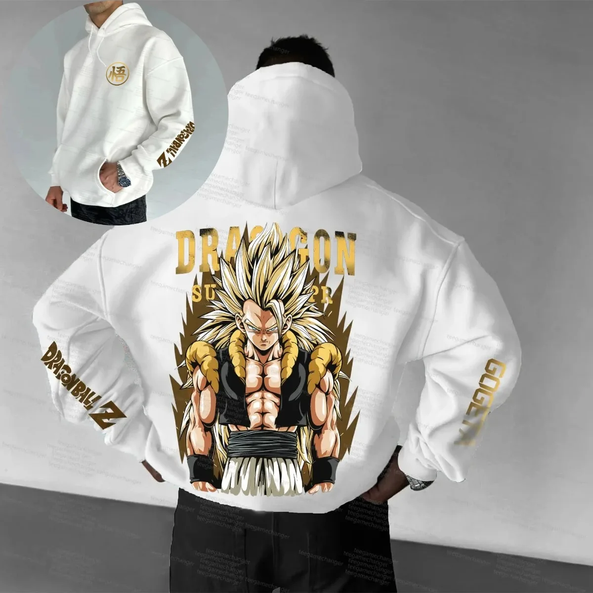 Dragon Ball tendencia explosión Super Gogeta Ssj pelo dorado Anime Sudadera con capucha hombres blanco Dragon Ball manga impresión ropa informal Cosplay