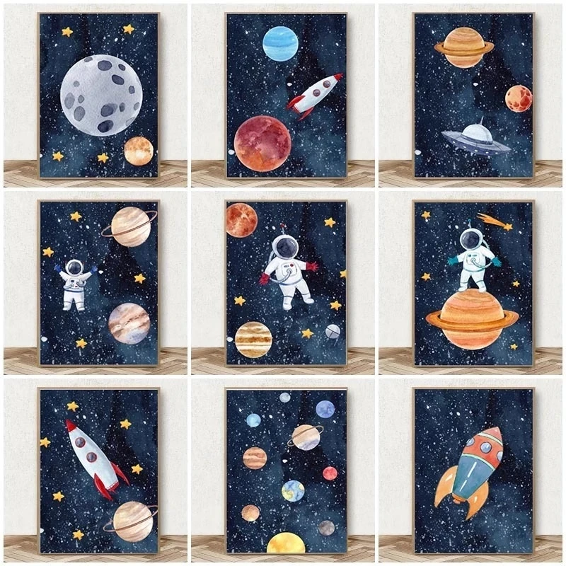 Space Astronaut Rocket Planet Moon Sun Wall Art Print Canvas Painting Nordic Poster Nursery Wall Pictures Baby Kids Room Decor