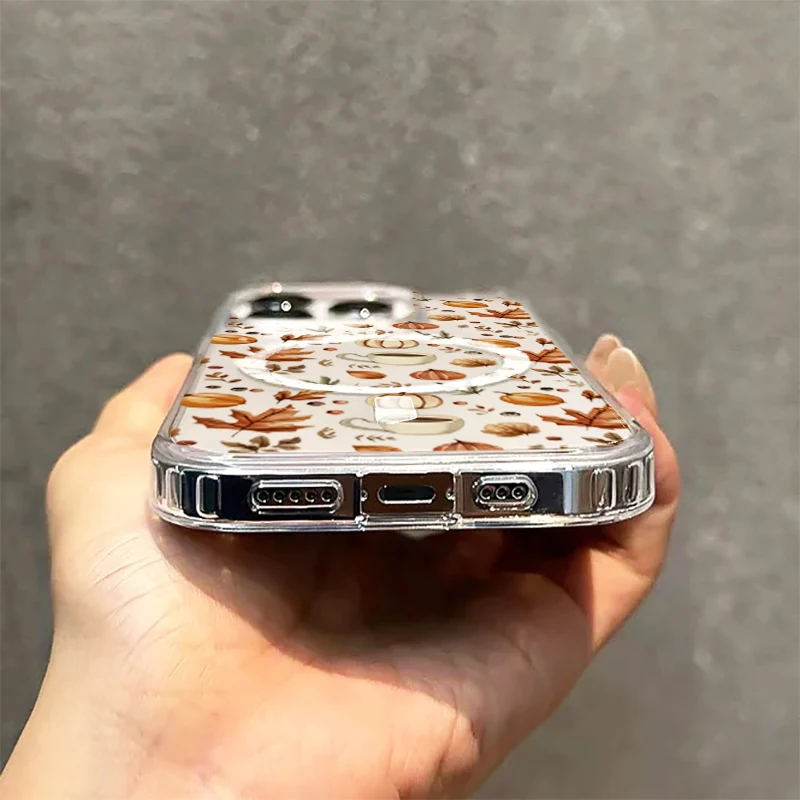 Transparent Pumpkin Autumn Leaves with Coffee Case For Samsung Galaxy S24 S22 S21 S23 S25 Ultra Plus FE Wireless Charge Cover