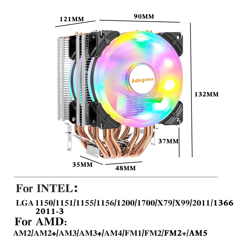 6 Heat Pipes CPU Air Cooler 4PIN PWM Silent Rgb Cooling Fan For Intel 1700 1150 1155 1156 1366 2011 AM3 AM4 AMD AM5