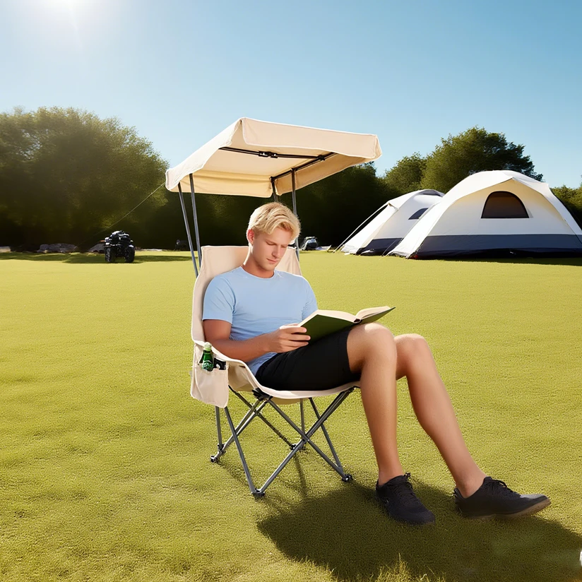 

2 складных легких портативных кресла для кемпинга и пляжа с навесом от солнца, легко открываются и закрываются, подходят для всех молодых людей, любящих активный отдых.